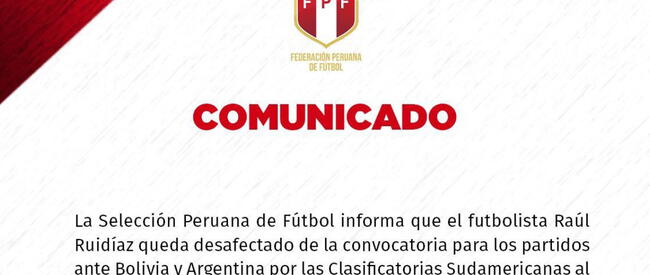 FPF anunció la desconvocatoria de Raúl Ruidíaz.   