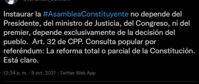 Vladimir Cerrón y su mensaje a Pedro Castillo por la Asamblea Constituyente.   