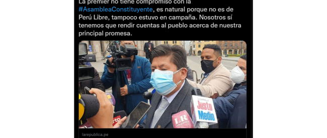 La respuesta de Vladimir Cerrón a las declaraciones de Mirtha Vásquez, presidenta del Consejo de Ministros.   