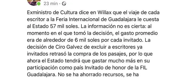 Mensaje de Santiago Alfaro Rotondo a las declaraciones de Ciro Gálvez.   