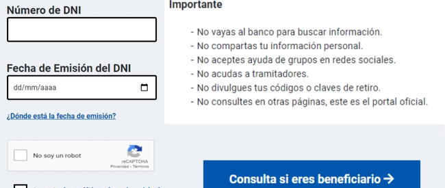 La página oficial del Bono Yanapay Perú solicita los datos del DNI para consultar si eres beneficiario.    