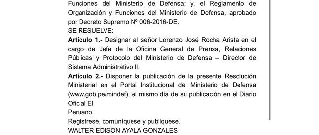 Publicación del diario oficial El Peruano que oficializa la designación de José Rocha como jefe de prensa del Ministerio de Defensa.   