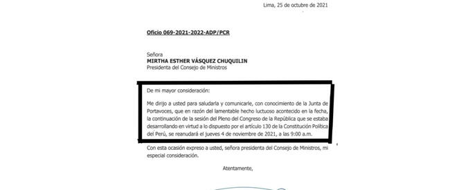 María del Carmen Alva notifica a Mirtha Vásquez que Pleno para voto de confianza se reiniciará el próximo 4 de noviembre.   