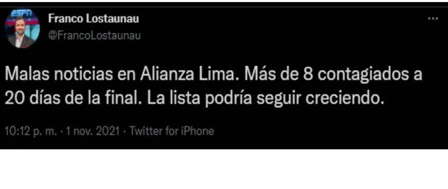 Información de Franco Lostaunau en su cuenta de Twitter.   