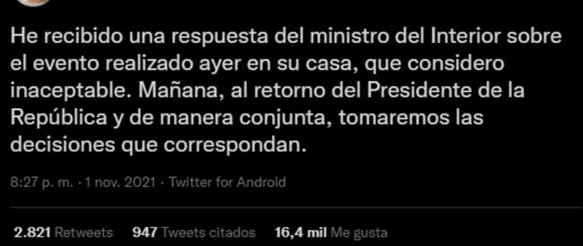 Mensaje de Mirtha Vásquez tras los descargos de Luis Barranzuela.   