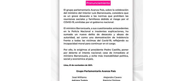 Comunicado de Avanza País que pide el cese de Luis Barranzuela como ministro del Interior.   
