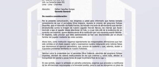 Carta dirigida de Alianza Lima a Corporación Unviersal.   