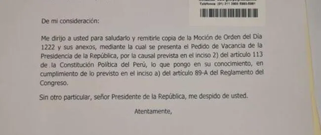 Documento remitido a Pedro Castillo sobre moción de vacancia presidencial: Foto: Congreso del Perú.   