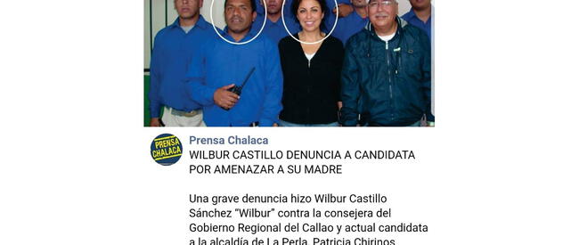 Publicación de 'Prensa Chalaca' tras la denuncia de Wilbur Castillo a Patricia Chirinos.   