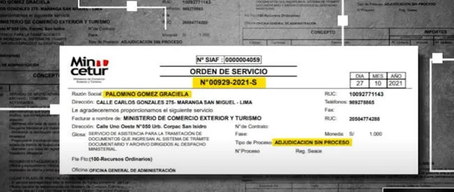 Orden de Servicio del Mincetur a favor de Graciela Palomino. FOTO: Edición Especial.   