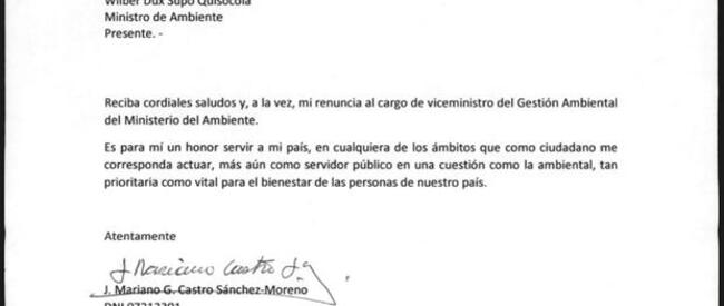  La carta de renuncia del viceministro de Gestión Ambiental del Ministerio del Ambiente. (Foto: Minam)    