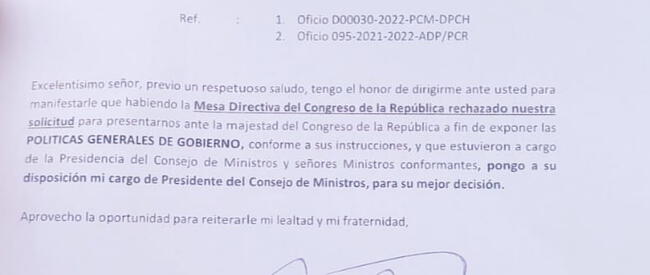 Carta de renuncia al cargo de presidente del Consejo de Ministros de Héctor Valer. 