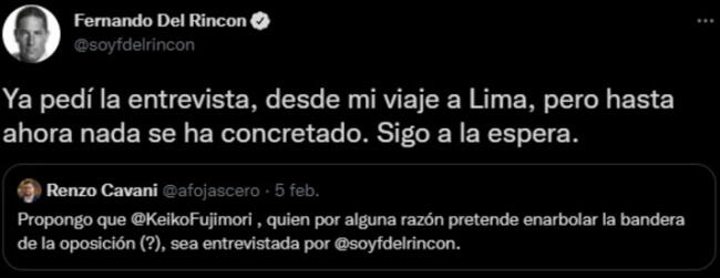 Fernando del Rincón reveló haber pedido una entrevista a Keiko Fujimori.   