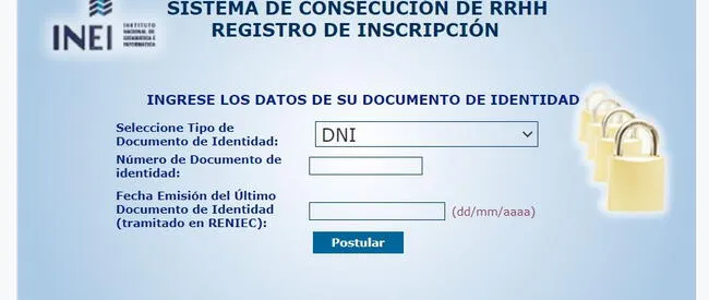Sistema para postular a una vacante ofertada del INEI. (Foto: captura de pantalla)   