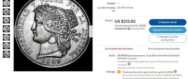 Cinco pesetas peruanas.   