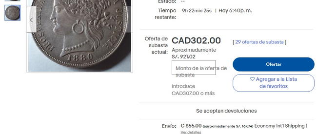 Cinco pesetas peruanas.   