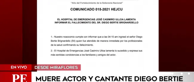 Diego Bertie: hospital Casimiro Ulloa emite comunicado sobre muerte del actor. Foto: captura América TV