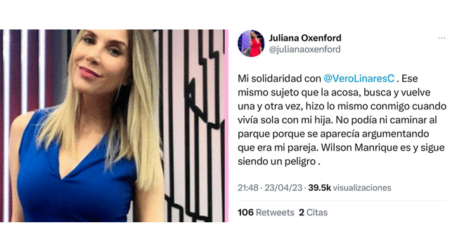 Comunicado de Juliana Oxenford sobre el acosador de Verónica Linares.