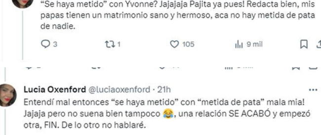  Lucía Oxenford desmintió la idea de que Yvonne Frayssinet haya sido la causa de la separación entre Marcelo Oxenford y Liliana Tuja.    