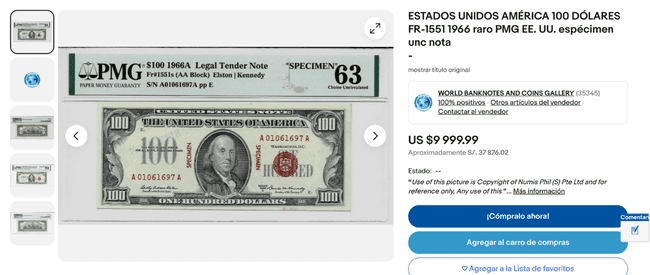 Así luce famoso billete de 100 dólares de 1966.   