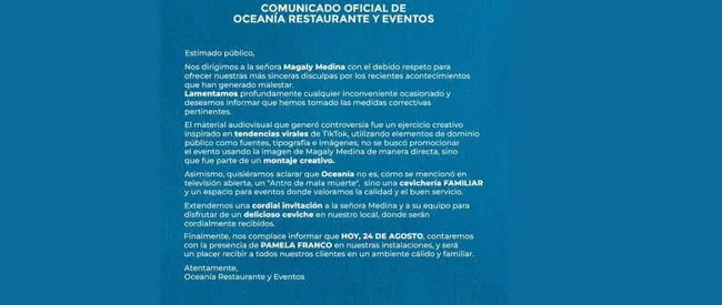  Comunicado de cebichería ‘Oceanía’ de Trujillo.    