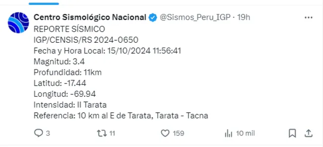 Sismos en Perú hoy 16 de octubre   