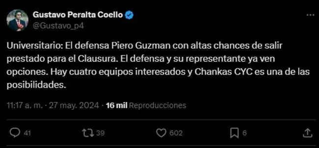 Universitario evalúa prestar a Piero Guzmán a Chankas CyC.   
