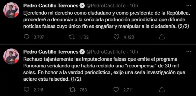 Declaraciones de Pedro Castillo en su cuenta de Twitter.   
