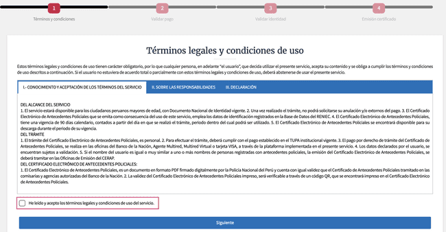 Términos y condiciones para solicitar el certificado de antecedentes policiales. (Foto: captura de pantalla / PNP)   