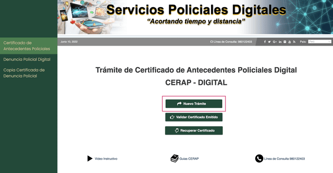 Presiona en Nuevo Trámite para solicitar el Certificado de Antecedentes Policiales. (Foto: captura de pantalla / PNP)<br>   