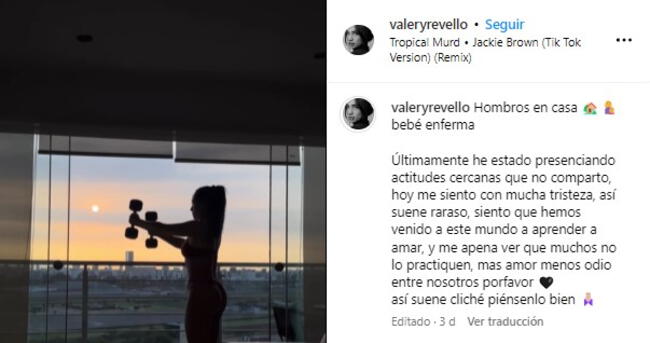 Mensaje de Valery Revello en Instagram.   