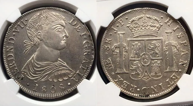 La moneda de plata 8 reales de Lima, emitida en el año 1808, tiene un elevado valor en el mercado.   