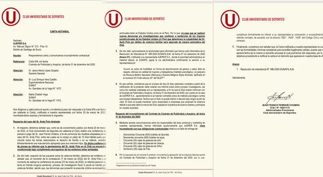 Carta notarial de Universitario a AJE.   
