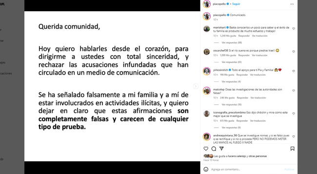 Comunicado de María Pía Copello en Instagram   