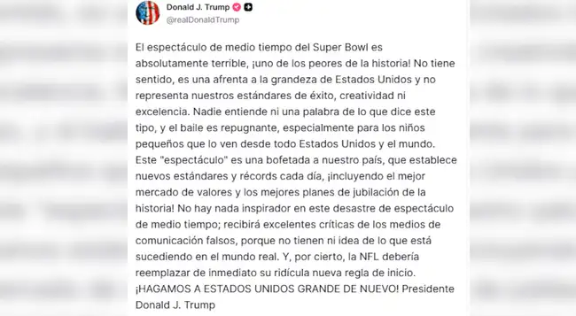 Trump calificó el show de Bad Bunny en el Super Bowl como “uno de los peores de la historia”.   