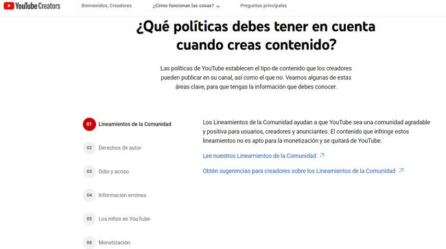 Políticas y lineamientos de YouTube para creadores de contenido.   