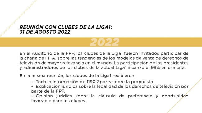 Información de la FPF sobre la propuesta de 1190 Sports.   