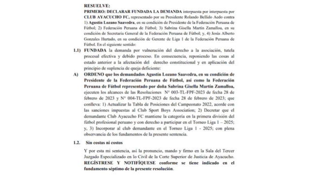 Poder Judicial declaró fundado pedido de Ayacucho FC ante la FPF.   