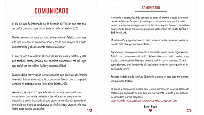 Comunicado de Ethel sobre su ausencia en la Teletón. Comunicado de Ethel sobre su ausencia en la Teletón.