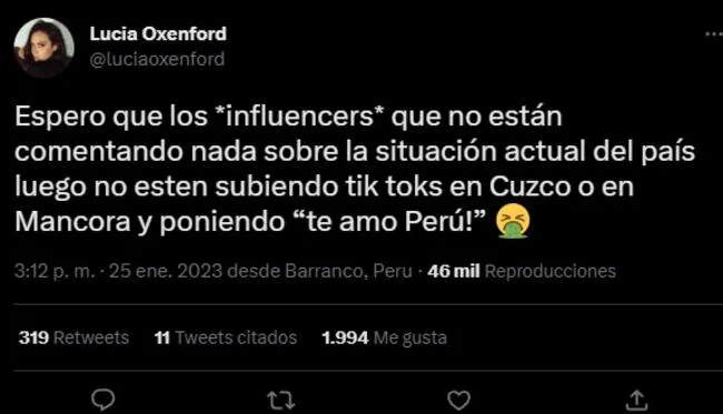 Crítica de Lucía Oxenford a influencers a través de su Twitter.   