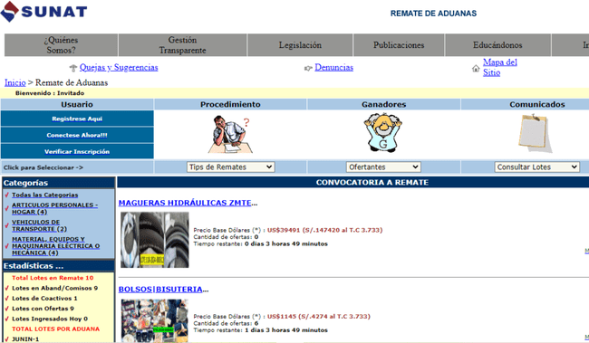  Así es la página web en dónde se realiza el remate de Aduanas. Foto: captura de pantalla    