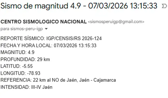 IGP reporta nuevo movimiento sísmico este sábado 7 de marzo de 2026. IGP reporta nuevo movimiento sísmico este sábado 7 de marzo de 2026.