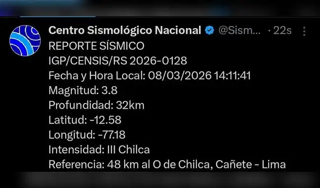 IGP reporta el tercer movimiento sísmico de este domingo 8 de marzo de 2026. IGP reporta el tercer movimiento sísmico de este domingo 8 de marzo de 2026.