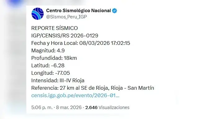 IGP reporta el cuarto movimiento sísmico de este domingo 8 de marzo de 2026. IGP reporta el cuarto movimiento sísmico de este domingo 8 de marzo de 2026.