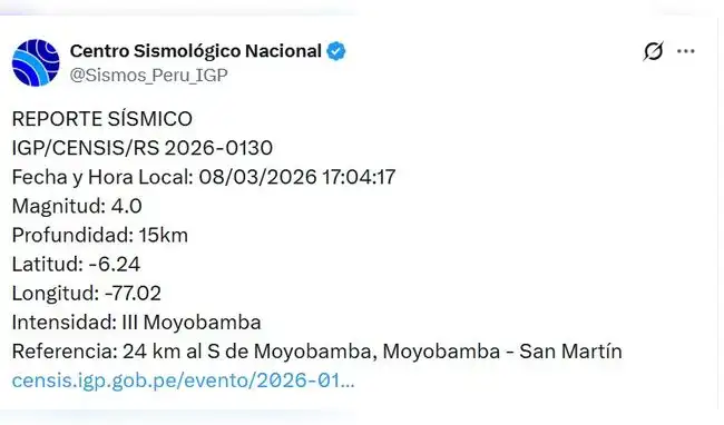 IGP reporta el quinto movimiento sísmico de este domingo 8 de marzo de 2026. IGP reporta el quinto movimiento sísmico de este domingo 8 de marzo de 2026.