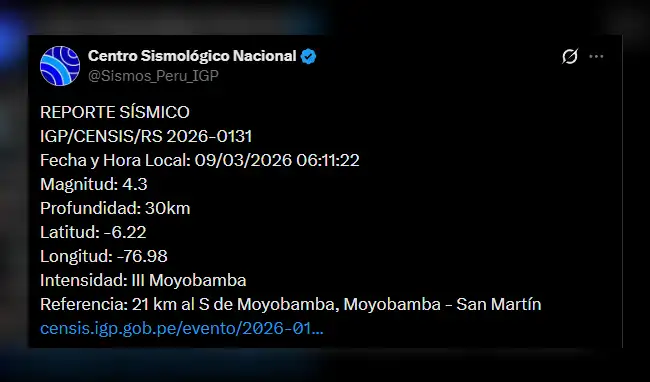 IGP reporta el primer movimiento sísmico de este lunes 9 de marzo de 2026. IGP reporta el primer movimiento sísmico de este lunes 9 de marzo de 2026.