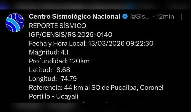 IGP reporta el segundo movimiento sísmico de este viernes 13 de marzo de 2026.   