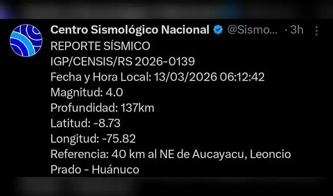 IGP reporta el primer movimiento sísmico de este viernes 13 de marzo de 2026.   