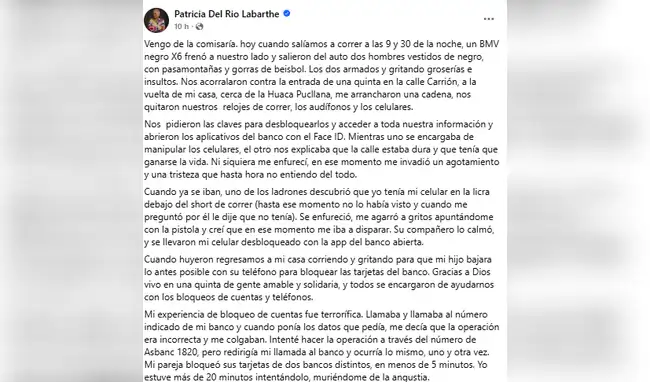 Patricia del Río sufre violento asalto mientras hacía deporte en Miraflores. Patricia del Río sufre violento asalto mientras hacía deporte en Miraflores.