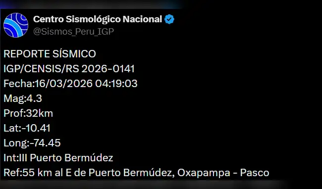IGP reporta el primer movimiento sísmico de este lunes 16 de marzo de 2026. IGP reporta el primer movimiento sísmico de este lunes 16 de marzo de 2026.